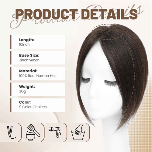 Black and Pretty Human Hair Toppers for Women Real Human Hair Pieces for Women 120% Density Swiss Base Clip In 7 * 10cm Remy Topper 10Inch HairPieces (Dark Brown)