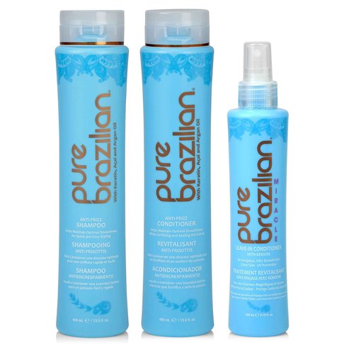 Pure Brazilian 3-Piece Daily Essentials Kit: Anti-Frizz Shampoo, Conditioner & Miracle Leave-In Conditioner with Keratin, Cocoa Butter & Bulgarian Rose Wate