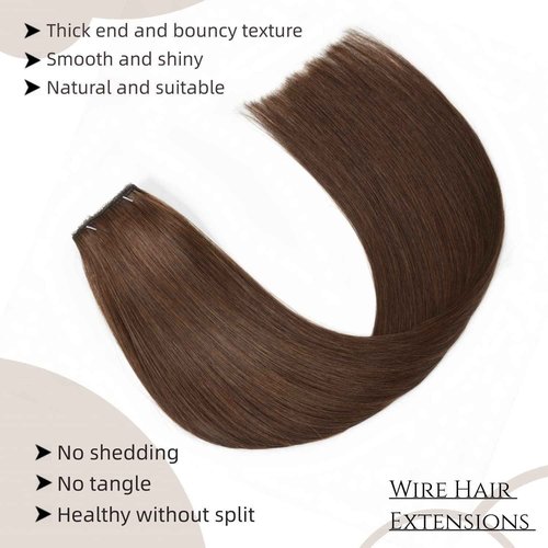 Remy Human Hair Extensions Wire Hair Hairpiece Straight Wire Hair Extensions for Women 16 Inch #4 Transparent Fish Line Hair Extension 80g
