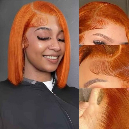 VYCRAVE 350# Bob Lace Front Wigs Human Hair 180 Density Ginger Orange 13x4 HD Straight Bob Wig Human Hair Pre Plucked Glueless Lace Frontal Wigs for Black Women 14 inch