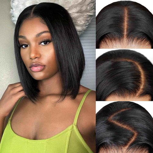 DonsiRol 12 inch Bob Wig Human Hair, Glueless Wigs Human Hair Pre Plucked, 13x4 bob lace front wigs for Woman, 180% Density Bob Wigs with Baby Hair (Black)