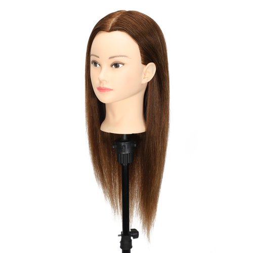 Female 100% Human Hair Mannequin Head Hair Styling Training Head Cosmetology Manikin Head Doll Head for Hairdresser with Free Clamp (brown) (22 Inch)