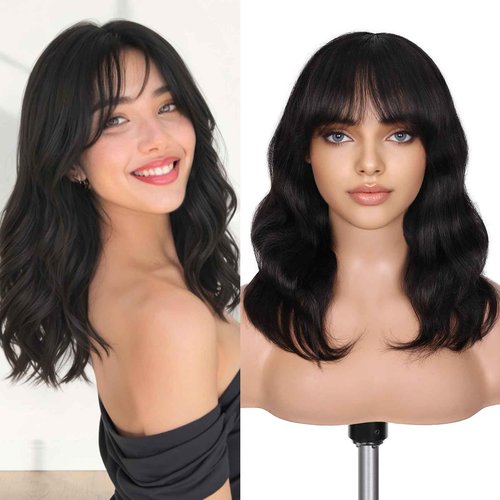 FAVE 14 Inches Human Hair Wig with Bangs Natural Wave Wig with Bangs Realistic 1×3 HD HD Lace Top,Natural Bangs and Color,Silk Texture