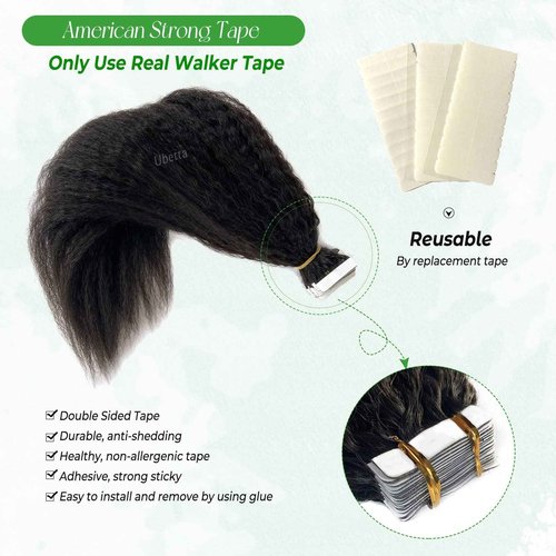 Tape in Hair Extensions Human Hair Kinky Straight 24Inch Natural Black Hair Extensions Real Human Hair Tape in Extensions for Black Women, 40 Pieces 100G Invisible Tape Hair Extensions for Short Hair
