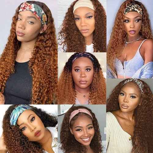 1B30 Deep Wave Headband Wig Ombre Brown Human Hair Headband Wig 130% Density Grade 8A Brazilian Remy Hair Machine Made Wigs Dark Brown Color 22 Inch