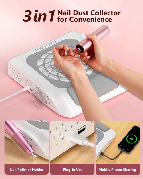 TOELOVE Upgraded Nail Dust Collector with Hand Rest, 10 Speeds, Reusable Filter, Quiet & Rechargeable, Professional Nail Fan Dust Tech Machine for Acrylic Gel Nails Polishing, Salon & Home, White