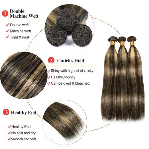 Dokksiiia Highlight Straight Human Hair Bundles P1B27#1B & #27 Piano Color Mix Double Weft Brazilian Virgin Human Hair Sew-In Weave Extensions 14 16 18 Inch Soft & Thick