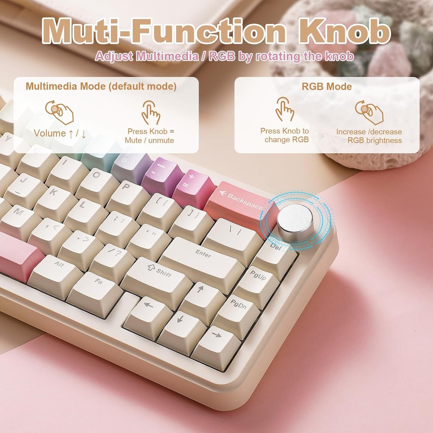 YUNZII B68 Wireless Mechanical Keyboard,Tri-Mode BT5.0/2.4GHz/USB-C,Cute PBT Keycaps,Hot Swappable Creamy Typing Gasket Mounted,RGB Backlit NKRO for Win/Mac (Black, Cocoa Cream V2 Switch)