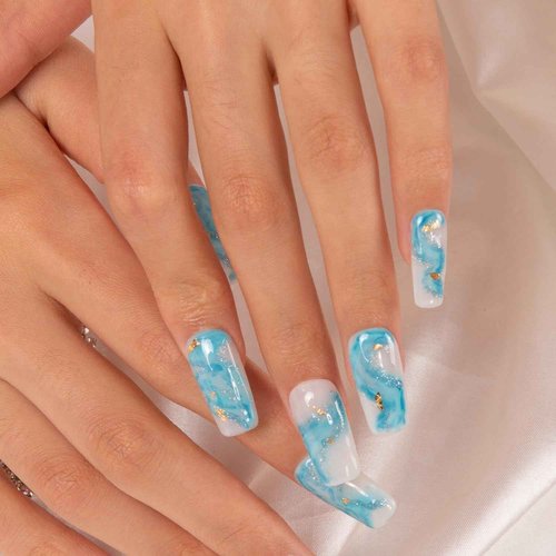 LOVFUL Press on Nails Blue Bay Wave French Tip | Handmade with Full Covered Crystals | Reusable Fake Nails | Square Regular 1.0 in | H63-S