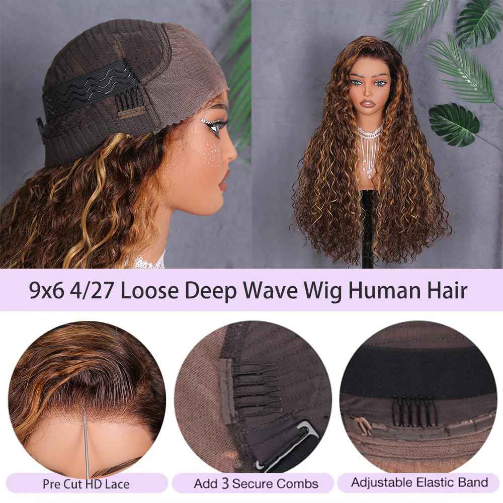 34 Inch Highlight Curly Wig Human Hair 9x6 Deep Wave HD Lace Front Wigs Human Hair 4/27 Colored Deep Curly Lace Frontal Wigs C Part Wig for Woman Pre Plucked with Natural Hairline 220% Density