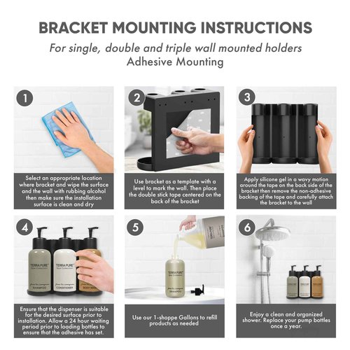 Terra Pure Spa Collection | Wall-Mounted No-Drill Hotel Amenities Dispenser | 10.14oz Bottles | Tamper-Proof Locking Bracket | 1 Bracket with Shampoo, Conditioner, and Body Wash