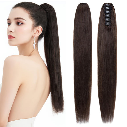 prokyvity Human Hair Claw Clip Ponytail, Claw Clip Human Hair Ponytail,Effortless Application with Secure Hold,Style in Seconds,Quick Styling Solutions for Busy Lives,14"/105g Dark Brown