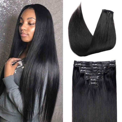 Pobokix Seamless Clip In Hair Extensions Real Human Hair Straight 8Pcs 120g Hair Extensions Clip In Brazilian Human Hair Extensions PU Skin Weft with 18Clips 24inch Natural Black