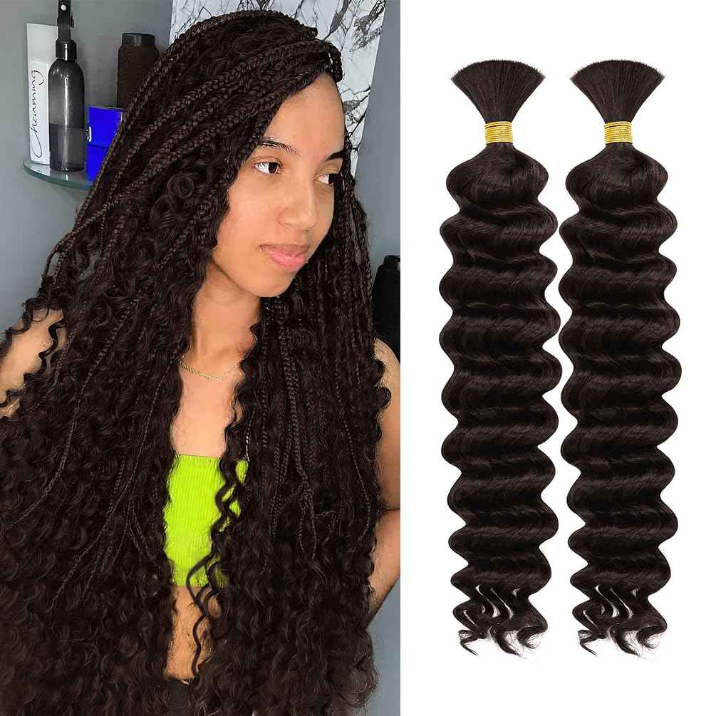 2 Bundle Human Braiding Hair for Boho Braids, 20Inch 100G #2 10A Brazilian Virgin Deep Wave Bulk Human Hair for Braiding, Wet And Wavy No Weft Curly Braiding Hair for Boho Knotless Braids
