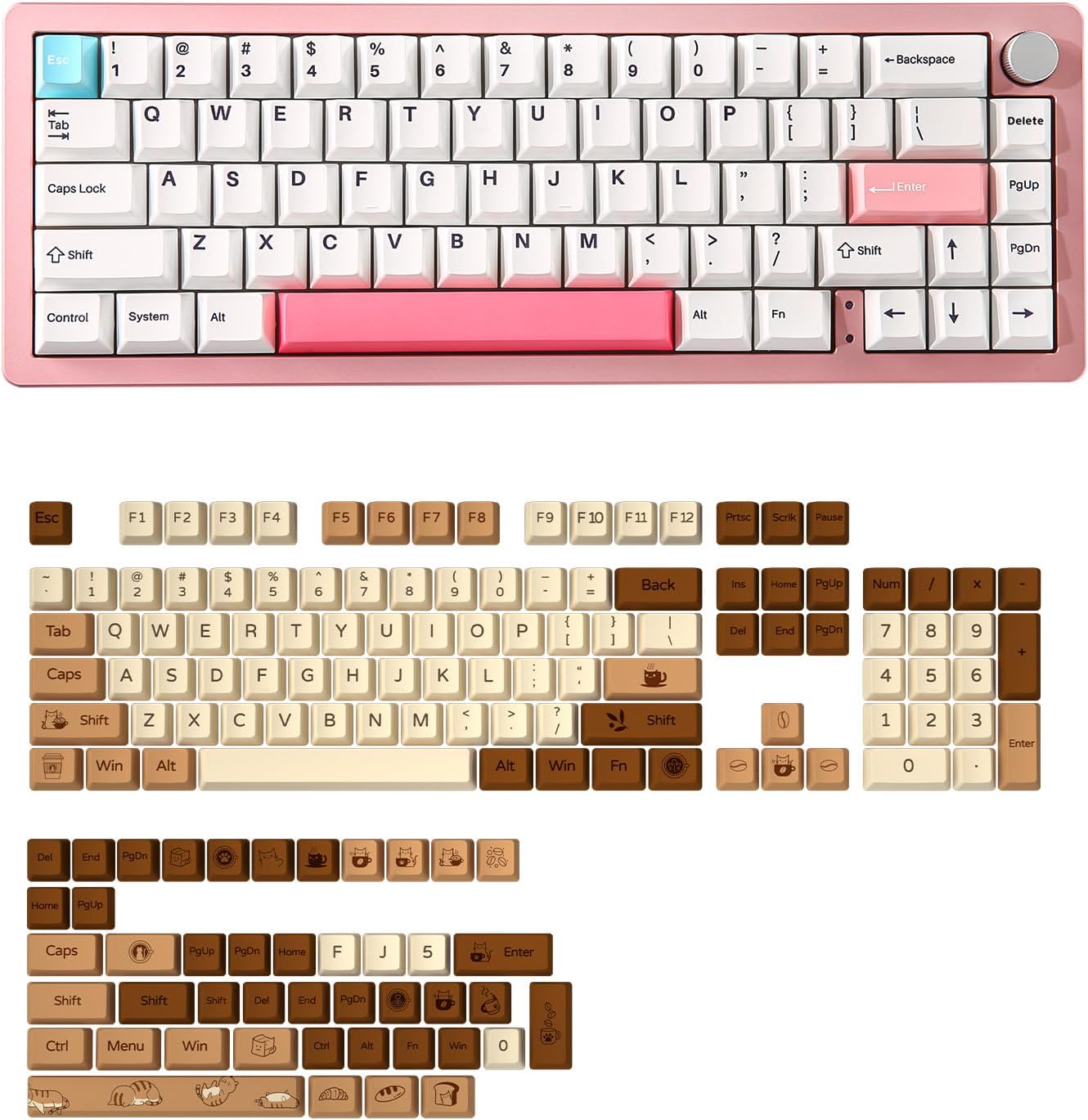 YUNZII AL66 Wireless Mechanical Keyboard for Win/Mac(Milk Switch, Pink), Coffee Cat Dye Sub PBT Keycaps(Cherry Profile, Coffee Cat)