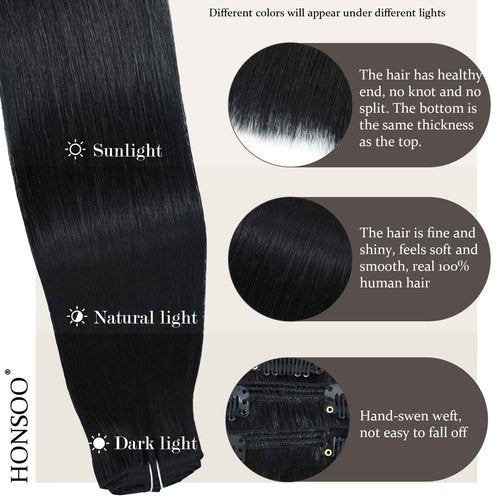 Honsoo Black Hair Extensions Clip in Real Human Hair Extensions Jet Black 20in 120g 7Pcs Long Straight Soft Hair Extensions For Black Women