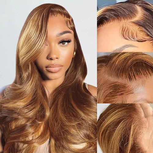 vivehebe Ombre Lace Front Wig Human Hair 26Inch Highlight Wig Human Hair 13x4 HD Transparent Body Wave 180% Density Honey Blonde Human Hair Wigs for Women Pre Plucked