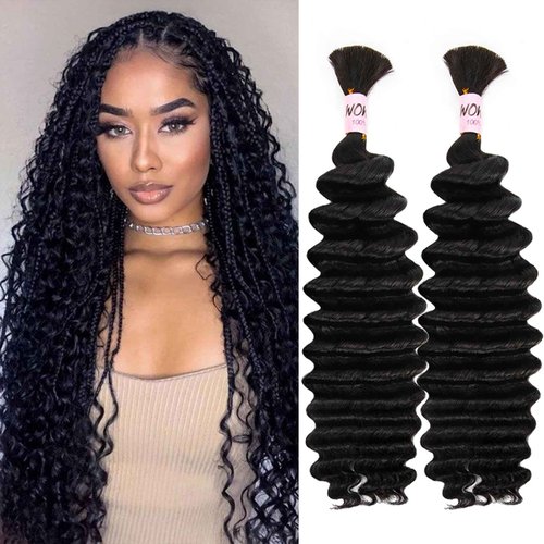 Human Braiding Hair for Boho Braids, 100 Percent Wet and Wavy Human Hair for Boho Knotless 12A Deep Wave Boho Human Braiding Hair Curly Hair Extensions 100g 2 Bundles Natural Color