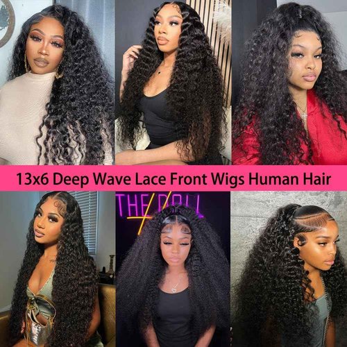MMFZPHEIR Deep Wave Lace Front Wigs Human Hair 200% Density 13x6 HD Transparent Deep Wave Frontal Wigs Human Hair With Baby Hair(24 Inch)