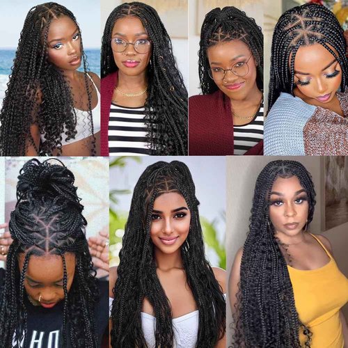 SUPERNOVA 36 Inch Boho Braided Wigs Full Lace Triangle Knotless Braided Wigs For Black Women Synthetic Full Double Lace Front Box Braid Wig With Baby Hair Goddess Locs Braids Wig With Curly Ends