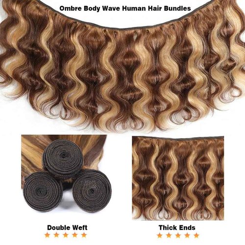 Perstar Ombre Highlight Body Wave Bundles Human Hair Honey Blonde 4/27 Human Hair Bundles 18 20 22 Inches Soft and Healthy 100% Unprocessed Brazilian Virgin Remy Hair Weft