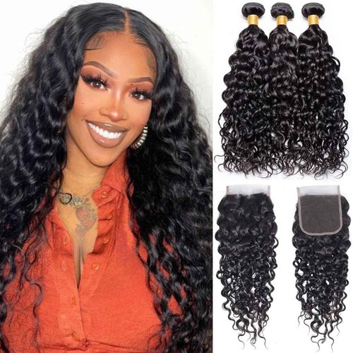 Quqzron Water Wave Human Hair Bundle with Closure(16 18 20 +14, Free Part) Wet and Wavy Bundles with 4x4 Lace Closure Hair Extensions Natural Color