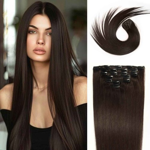 WOWANGEL Clip in Hair Extensions Human Hair,24" Seamless Clip Ins No Damage,7pcs 120g Remy Hair Reusable for Daily Styling,Weddings,Events,Dark Brown(2#)