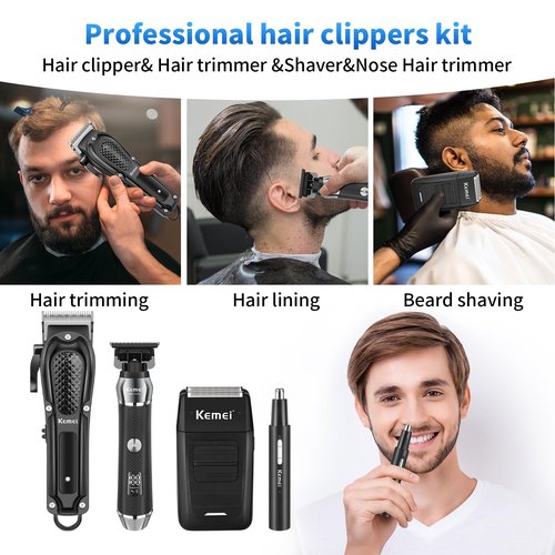 KEMEI Professional Hair Clippers for Men, Cordless Barber Clipper Beard Trimmer Foil Shaver Nose Eyebrow Ear Trimmer Set, USB Charging Complete Electric Hair Cutting Grooming Kit with 11 Guide Combs