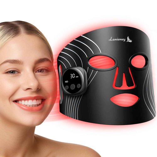 Lanieney Red Light Therapy Mask for Face, Wireless LED Face Mask, Rechargeable and Adjustable Timer Design with Digital Display for Home Skincare, Dark Black