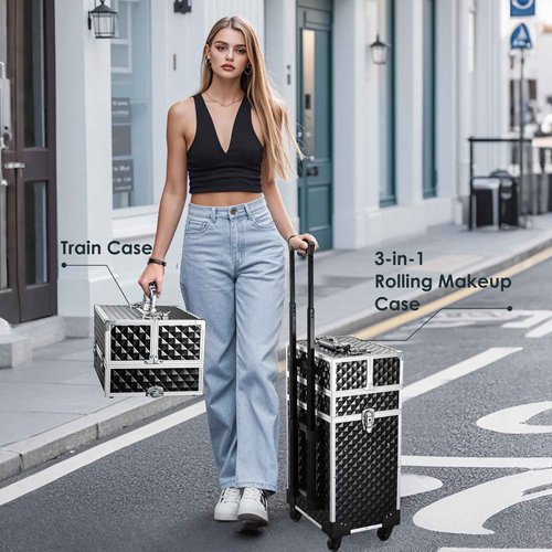 Yueieoun Makeup Train Case,3 in 1 Large Rolling Makeup Case, Barber Travel Cosmetology Case Professional Nail Cart Organizers Cosmetic Cases Beauty Salon Lockable Trolley for Hairstyle,Tattoo,Manicure