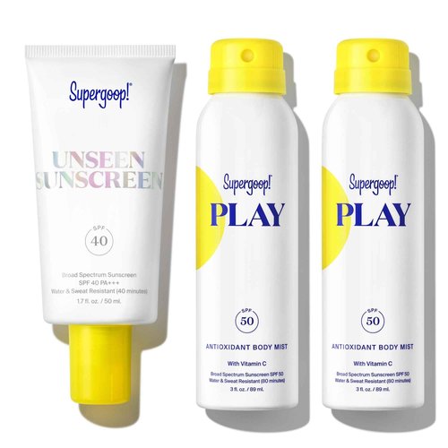 Supergoop! Unseen Sunscreen (1.7 oz) + Two (2) PLAY Antioxidant Body Mist SPF 50 (3 oz) - 3 Items Total - Broad Spectrum Body & Face Sunscreen Recommended for Sensitive Skin