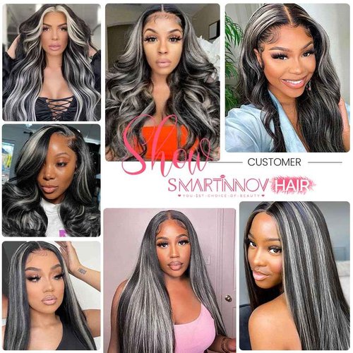 Smartinnov Grey Highlight Lace Front Wigs Human Hair Ombre Black with Grey 13x4 Glueless Wigs Virgin Hair Pre Plucked 1B Sivler 18 Inch 150% Density Transparent HD Lace Wig with Baby Hair for Women