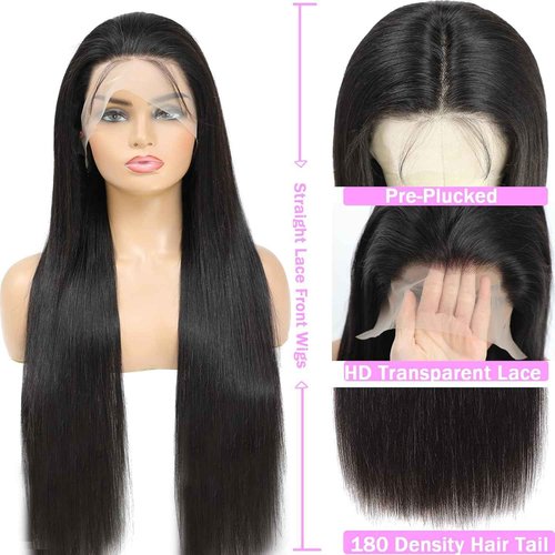 TTSMINS 13X6 Lace Front Wigs Human Hair Pre Plucked With Baby Hair 30 Inch 180 Density Glueless Transparent HD Straight Lace Front Wigs Lace Frontal Wigs for Women Natural Black Color
