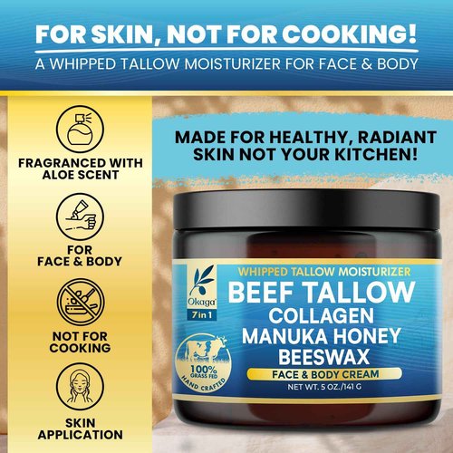 Organic Beef Tallow for Skin, Organic Grass-Fed Beef Tallow Balm with Manuka Honey, Aloe Vera, Jojoba Oil, Collagen & Beeswax, Olive Oil, Moisturizer for Dry Skin, Nourishes Face, Body & Lips (3 Pack)