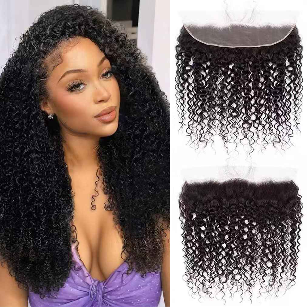 13x4 Lace Frontal Closure Kinky Curly Ear to Ear HD Lace Frontal Pre Plucked with Baby Hair 18 Inch Free Part Brazilian Human Hair Extensions 150% Density Natural Black