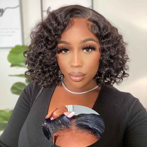 KeepMe Wear and Go Glueless Wig Human Hair Pre Plucked Water Wave Bob Wig Human Hair Wet and Wavy Wigs Human Hair 4x4 Closure Wig Human Hair for Women 12 Inch