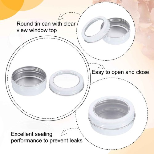 uxcell 2 Oz Tin Cans, 40 Pcs Aluminum Round Tins, Travel Sized Small Metal Tins Cosmetic Sample Containers with Clear Lid for Lotion Bars Beard Balms Candles, White