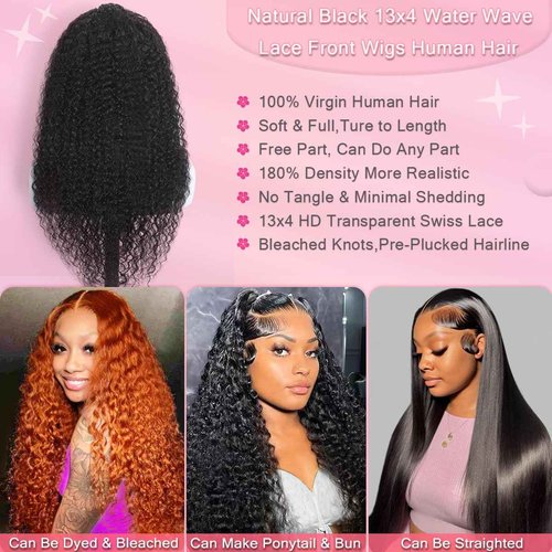 Xojao Water Wave HD Lace Front Wigs Human Hair 10A Curly Human Hair 13x4 Transparent Lace Frontal Wigs Pre Plucked Wet And Wavy Wigs Human Hair for Women 180% Density (20Inch, Natural Black)