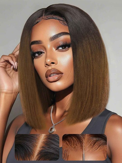 YIROO Yaki Straight Bob Wig Ombre Brown Human Hair Bye Bye Knots Glueless Wig Chestnut Brown Pre Cut 7x5 HD Lace Front Lace Put On and Go Pre Bleached Pre Plucked with Dark Roots Yaki Bob Wig 10Inch