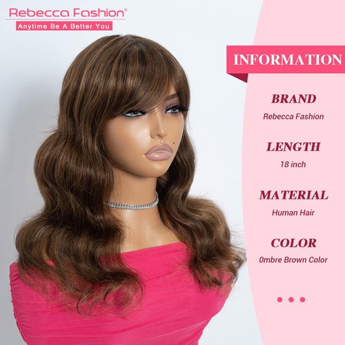 Rebecca Fashion 18 Inch Body Wave Wig with Bangs Human Hair Wigs for Black Women None Lace Front Wigs 10A Brazilian Virgin Hair Glueless Machine Made Wig Highlight Brown Blonde Color