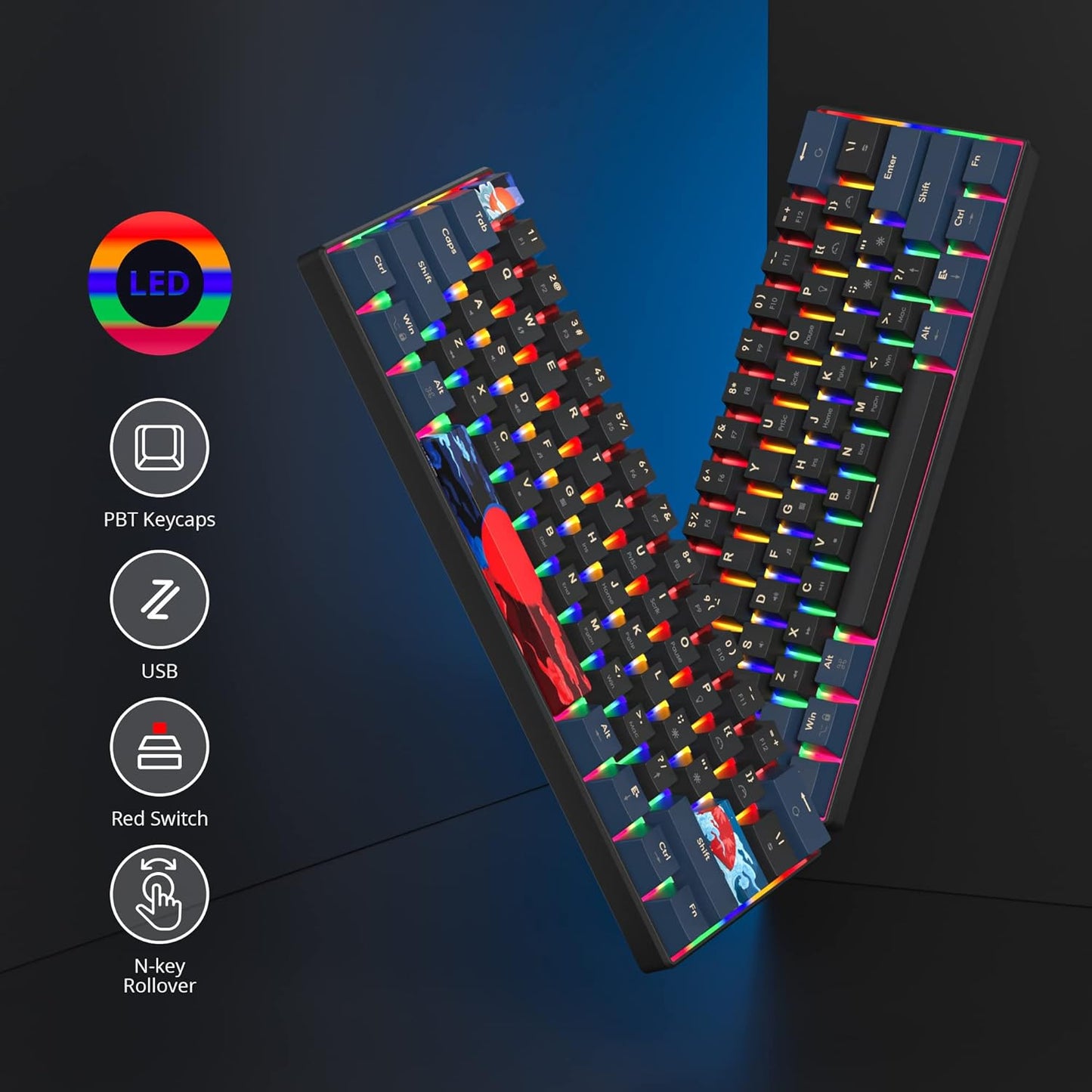 60 Percent Gaming Keyboard Mechanical with Linear Red Switch, 65% Wired Ultra-Compact Mini Keyboard Rainbow with PBT Keycaps for Ps4/Ps5/Xbox(68 MonsterB)