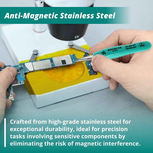 Excelta 3C-SA-ET Straight Very Fine Precision Pointed Tweezers, Ergo-Tweeze TealShield Soft Cushioned Grips, Anti-Magnetic Neverust Stainless Steel, 4.75” Long, Swiss Made, Professional