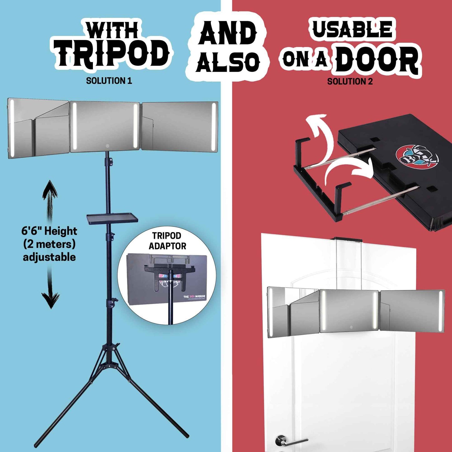 LIPFISBARBERSHOP.COM 360° Mirror with Tripod, 3-Way Mirro for Self Hair Cutting, Includes Crystal-Clear Glass, 4 LEDs, USB-C Fast Charging, Rechargeable Battery (360 Mirror + Tripod + Adapter)