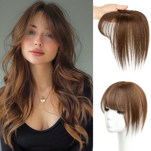 EAVFEFE Topperds for Thinning Hair: 12 Inch Womens Hair Topper 4# Medium Brown - Real Human Hair, Bangs & 360° Full Cover with 2 Clips (12in 4#)