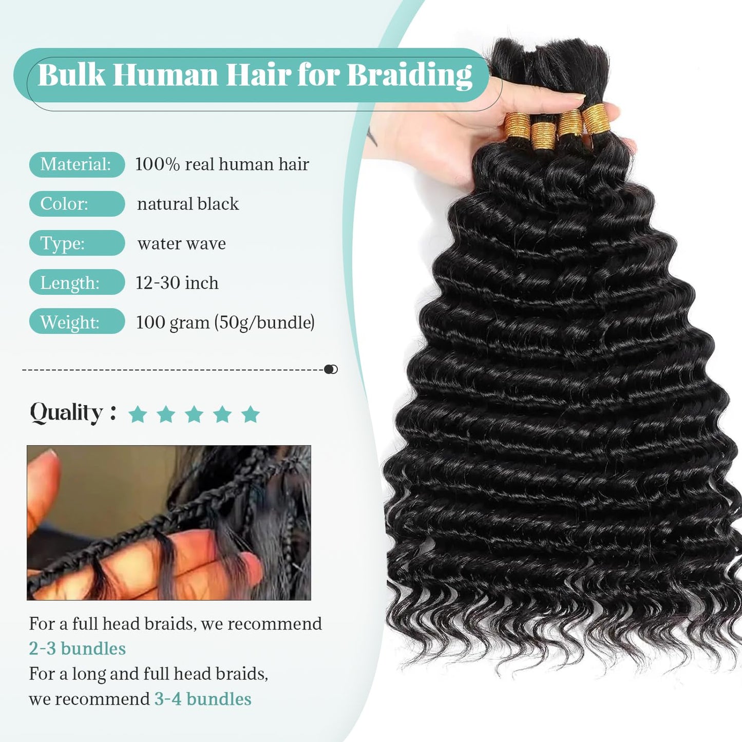 Human Braiding Hair for Crochet Boho Braids Water Wave Bulk Human Hair for Braiding Knotless 28 Inch 100G Natural Color No Weft Curly Wet and Wavy Micro Braiding Extensions