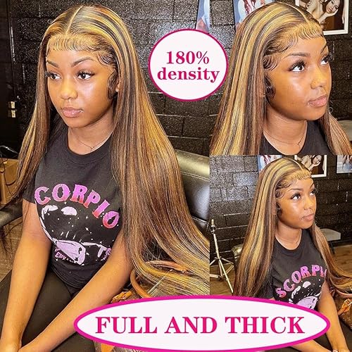Cypha Ombre Lace Front Wig Human Hair 28inch 13x6 Straight Highlight Wig Human Hair 180% Density 4/27 Colored Honey Blonde HD Lace Frontal Wigs For Women Glueless Pre Plucked with Baby Hair