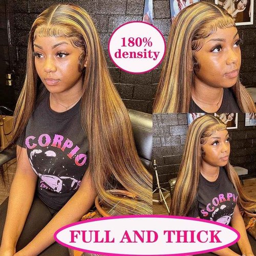 Cypha Ombre Lace Front Wig Human Hair Highlight 13x6 HD Straight Lace Front Wigs 180% Density 4/27 Colored Honey Blonde HD Lace Frontal Wigs For Women Glueless Pre Plucked with Baby Hair 30inch