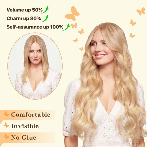TESSHAIR Halo Hair Extensions 14 Inch, 100% Real Human Hair, No Tangle & Smooth, Invisible Wire Extensions for Women, 60g, Wavy Curly #Wavy Medium Brown Mixed Dark Blonde