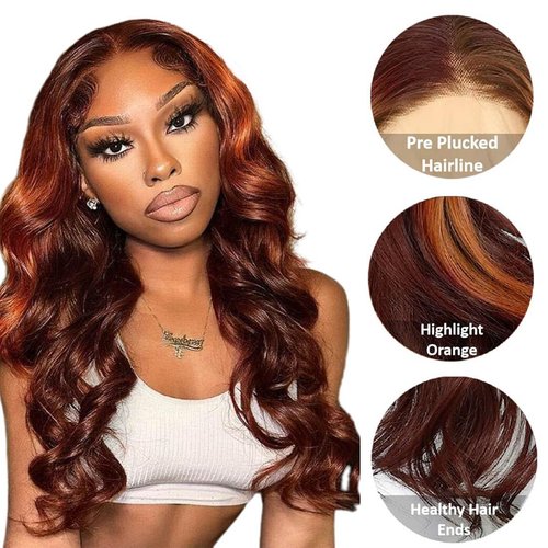 Rina Ginger Skunk Stripe Wig Human Hair Reddish Brown With Ginger Orange Body Wave 13x4 HD Lace Front Wigs 180% Density Autumn Brown with Highlight Ginger Colored Human Hair Wig 20 Inch