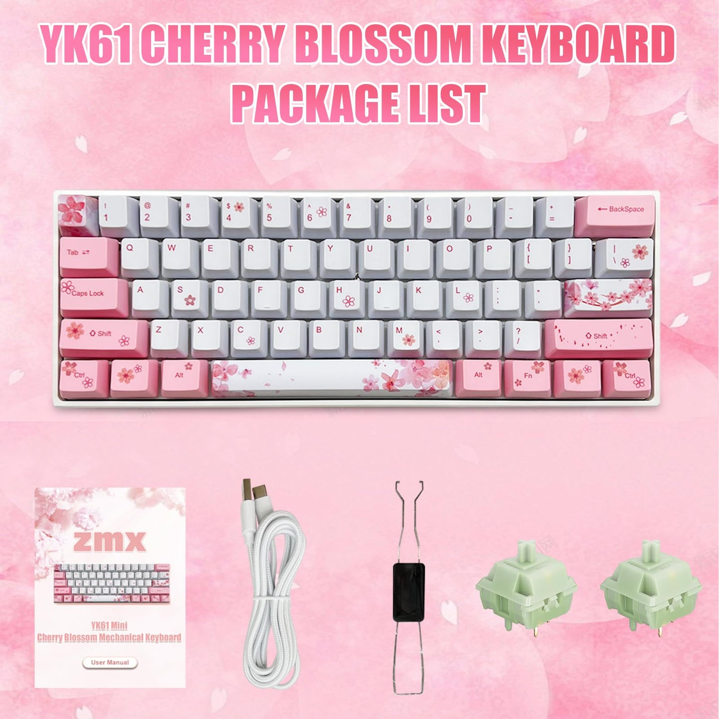 ZMX Cherry Blossom Pink Mechanical Keyboard,60% Compact Hot Swappable USB-C Wired RGB Gaming Keyboard 61 Keys Mini Cute Keyboards with Dye-Sublimation PBT Keycap for PC/Mac (Brown Switch)